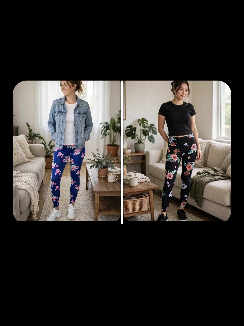 Floral High-Rise Leggings - Black and Navy